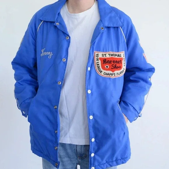 VTG 70S Macarthur Sports Blue St.Thomas Baronet Shoes Playoff Champs 75-76 Coat - Picture 2 of 16